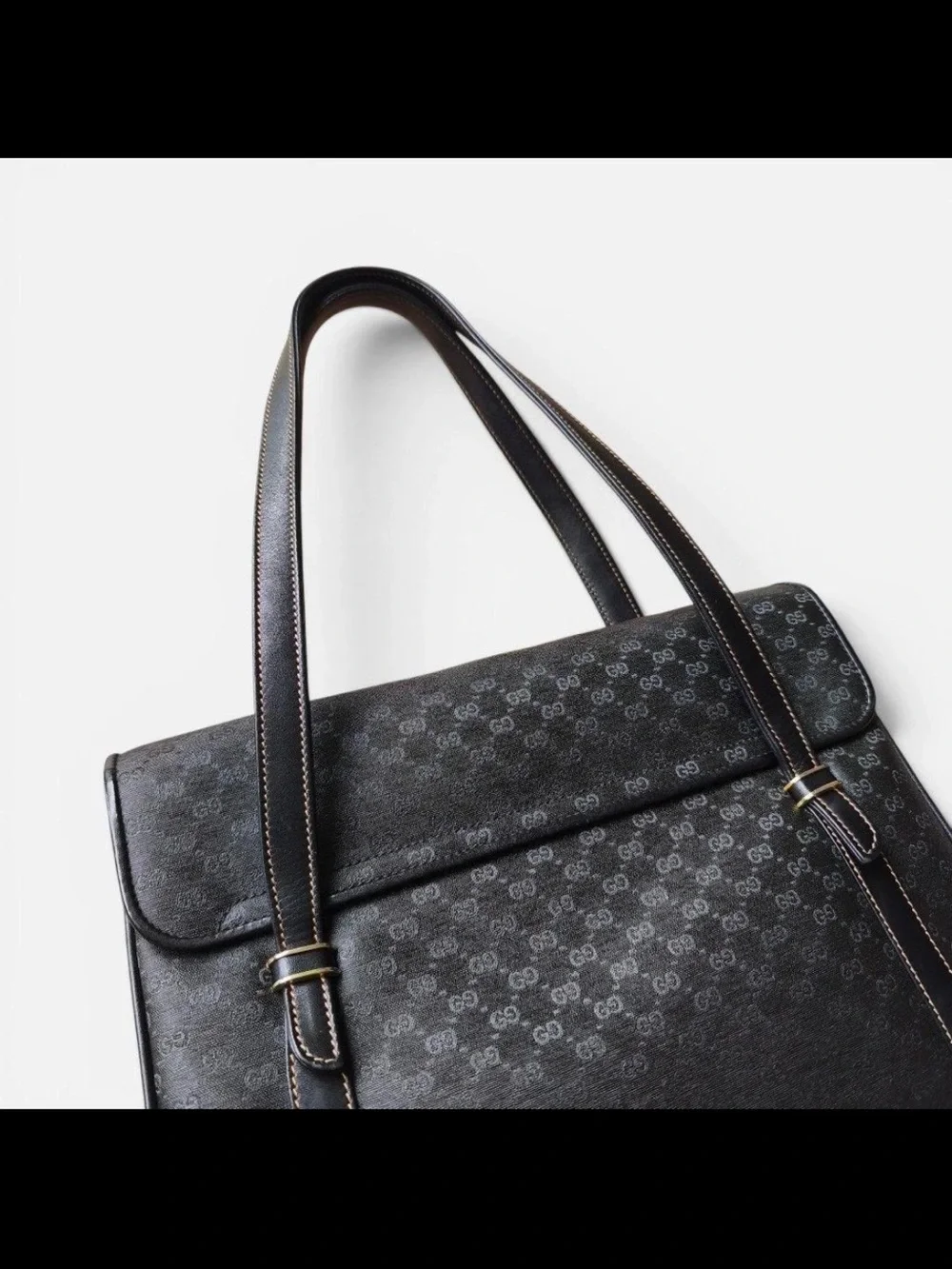 Gucci Black Monogram Satchel with Gold-Tone Oval Emblem
